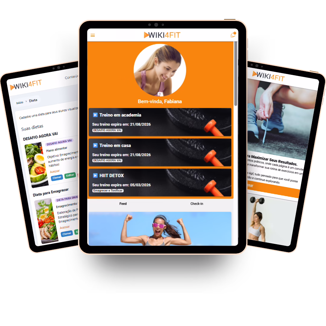 Mockup do app Wiki4Fit — home da assessoria esportiva
